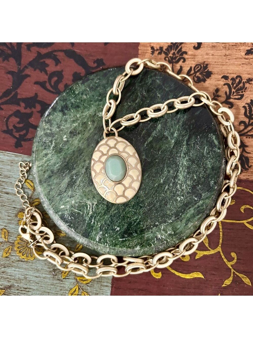Lia Sophia Gold Link Chain Necklace with Mint Green Gemstone Pendant